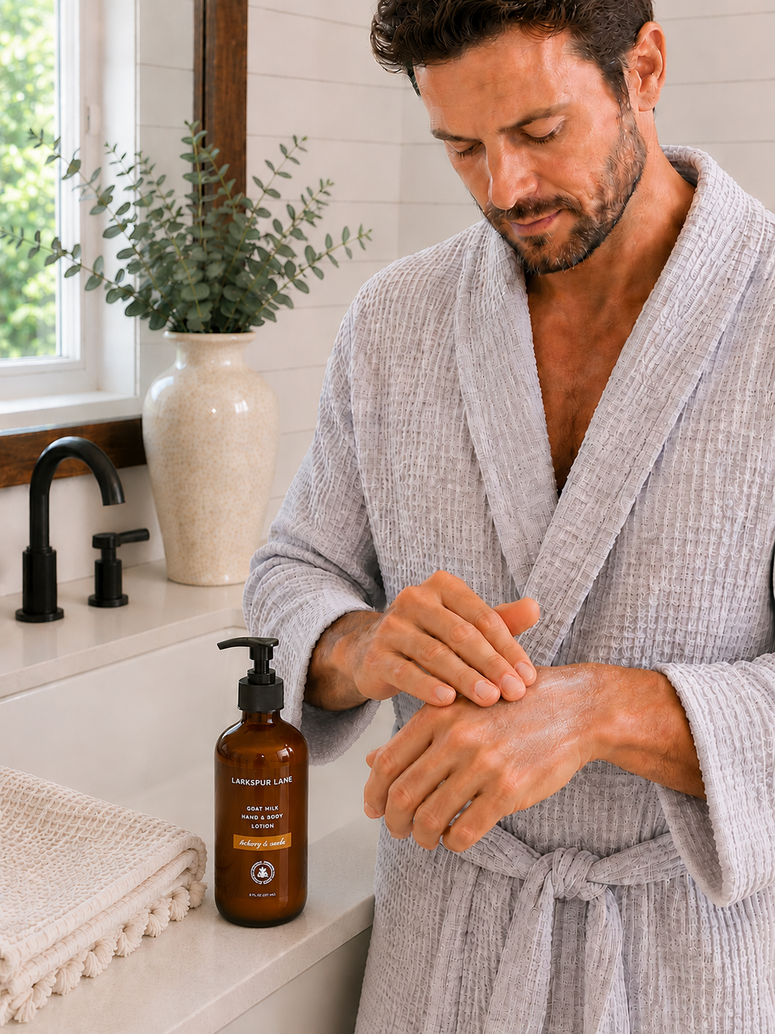 Man applying Hickory & Suede Goat Milk Hand & Body Lotion by Larkspur Lane to the back of his hand in a bright modern farmhouse bathroom.