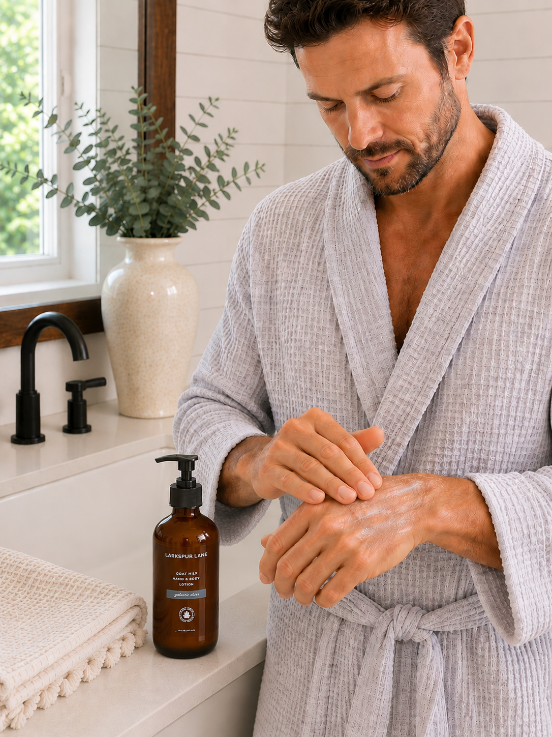 Man rubbing Galactic Skies Goat Milk Hand & Body Lotion by Larkspur Lane onto his hand in a bright modern farmhouse bathroom.