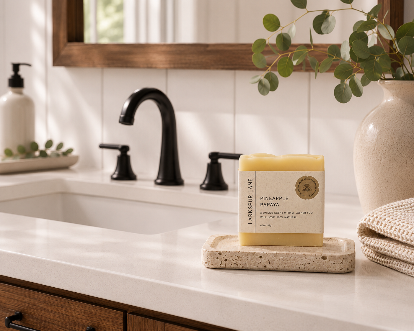 Larkspur Lane Pineapple Papaya handcrafted soap displayed on a stone soap dish in a bright modern farmhouse bathroom.