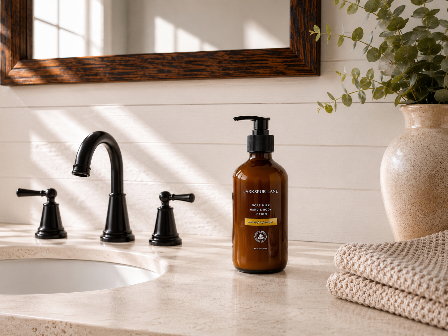 Pineapple Papaya Goat Milk Hand & Body Lotion by Larkspur Lane in an amber glass pump bottle on a bright modern farmhouse bathroom vanity.