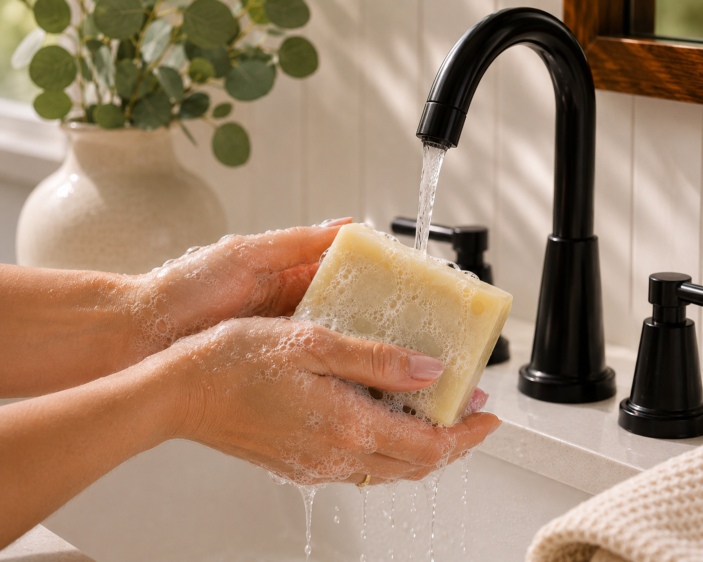 Hands washing with Larkspur Lane Pineapple Papaya handcrafted soap creating a rich, creamy lather under running water.