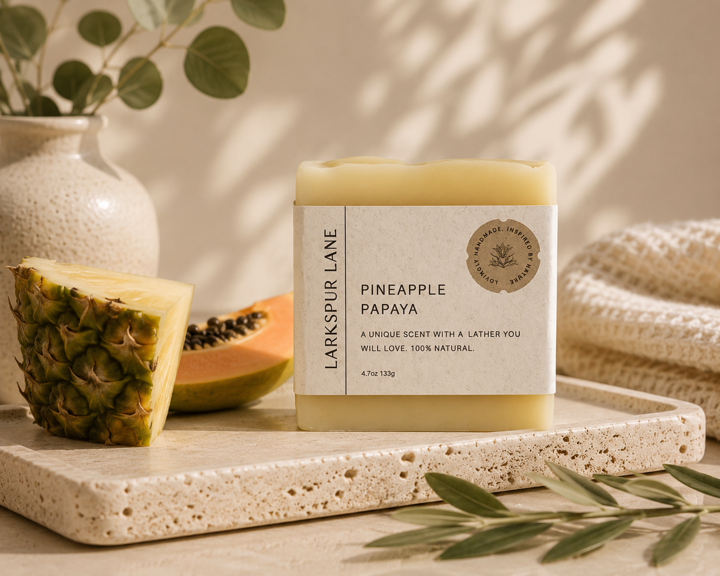 Larkspur Lane Pineapple Papaya handcrafted soap made in South Carolina.