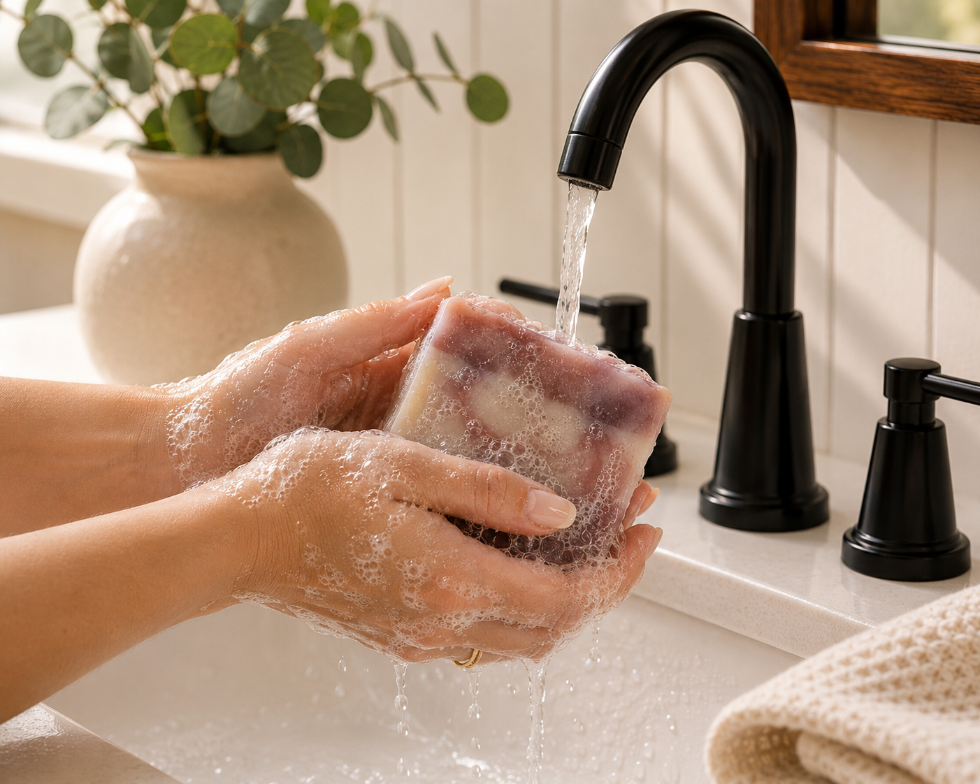 Hands washing with Larkspur Lane Pink Mimosa handcrafted soap creating a rich, creamy lather under running water.