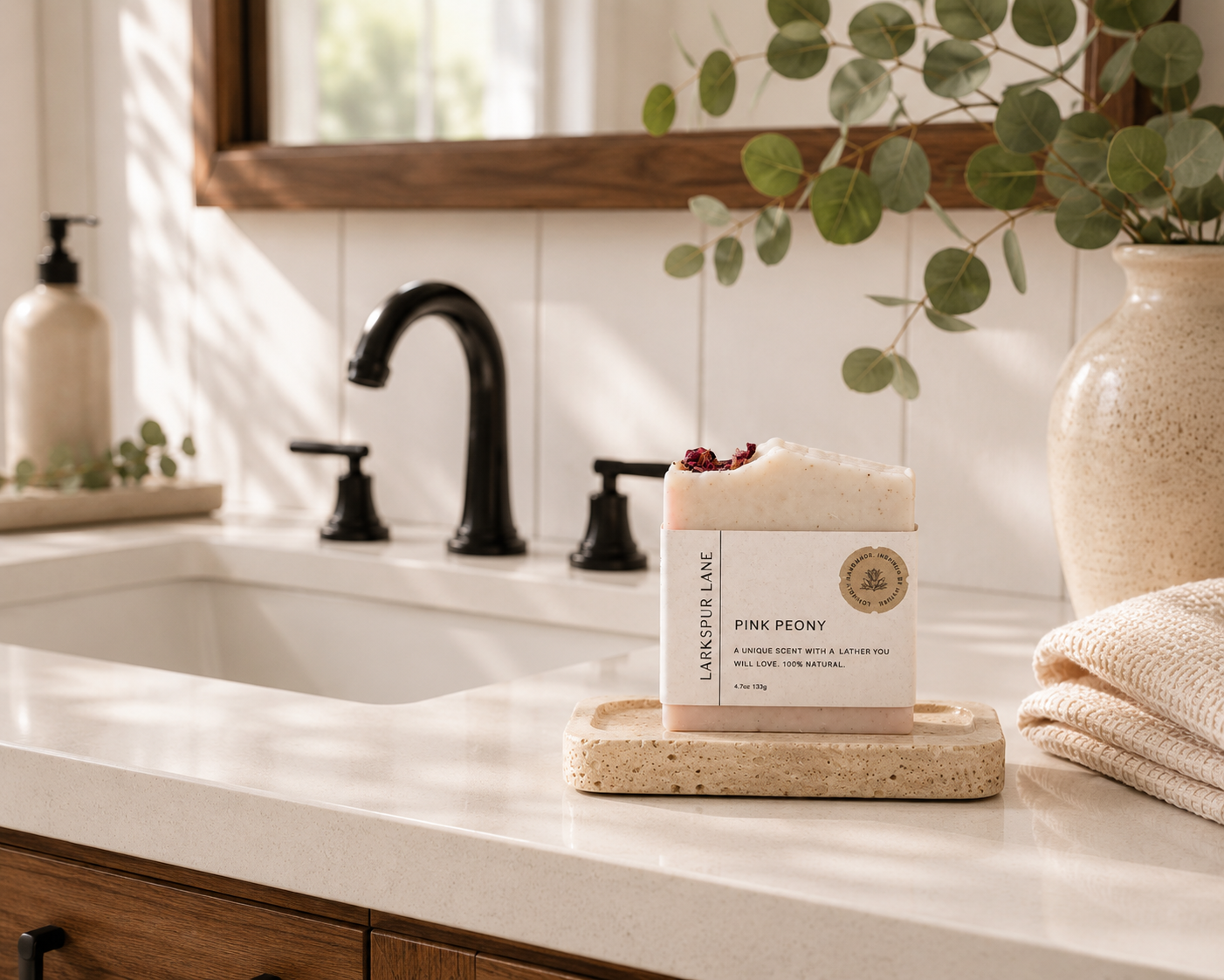 Larkspur Lane Pink Peony handcrafted soap displayed on a stone soap dish in a bright modern farmhouse bathroom.