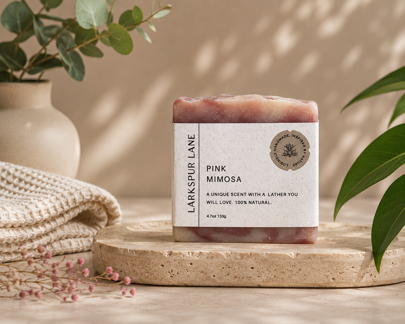 Larkspur Lane Pink Mimosa handcrafted soap made in South Carolina.