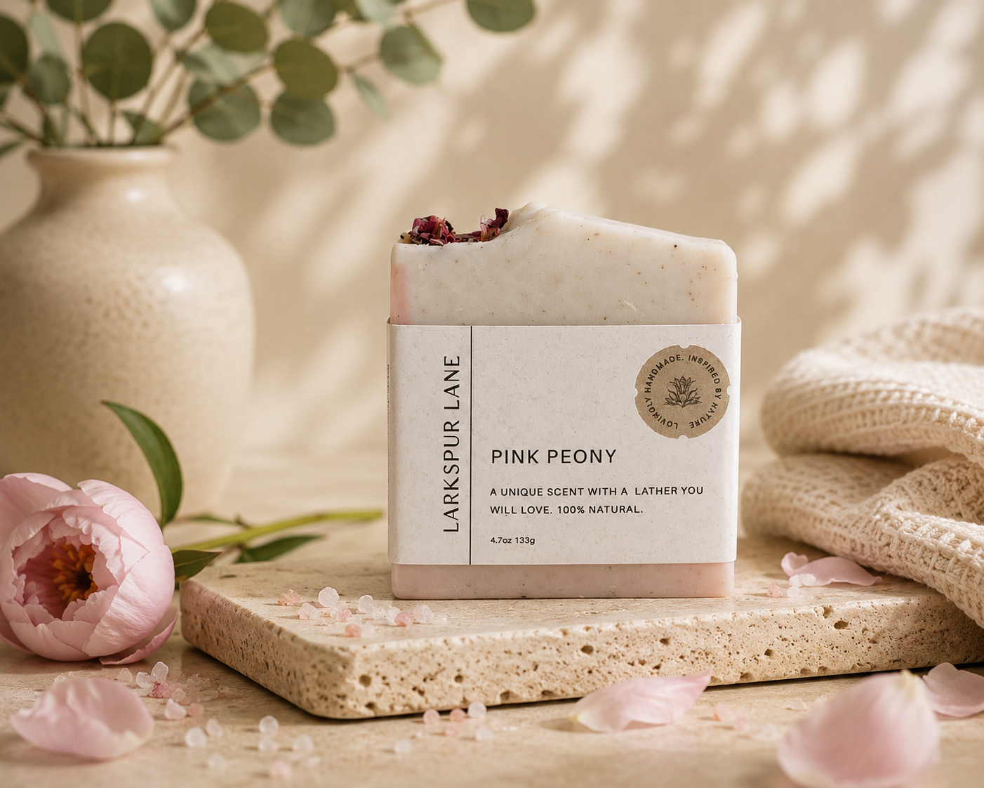Larkspur Lane Pink Peony handcrafted soap made in South Carolina.