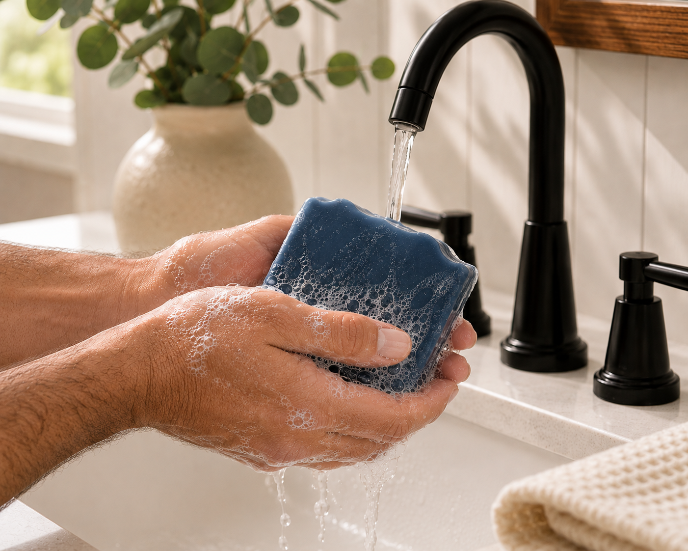 Hands washing with Larkspur Lane Refined Gentlemen handcrafted soap creating a rich, creamy lather under running water.