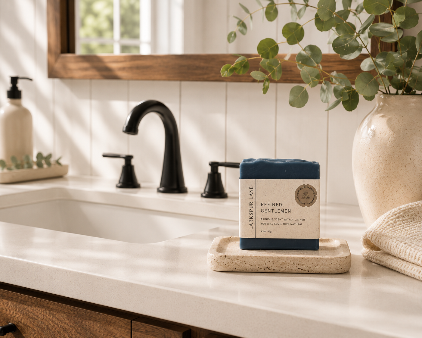 Larkspur Lane Refined Gentlemen handcrafted soap displayed on a stone soap dish in a bright modern farmhouse bathroom.