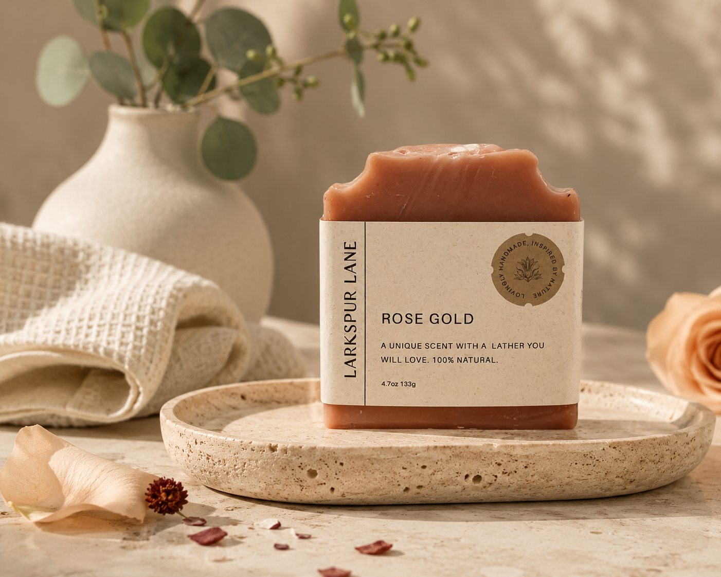 Larkspur Lane Rose Gold handcrafted soap made in South Carolina.