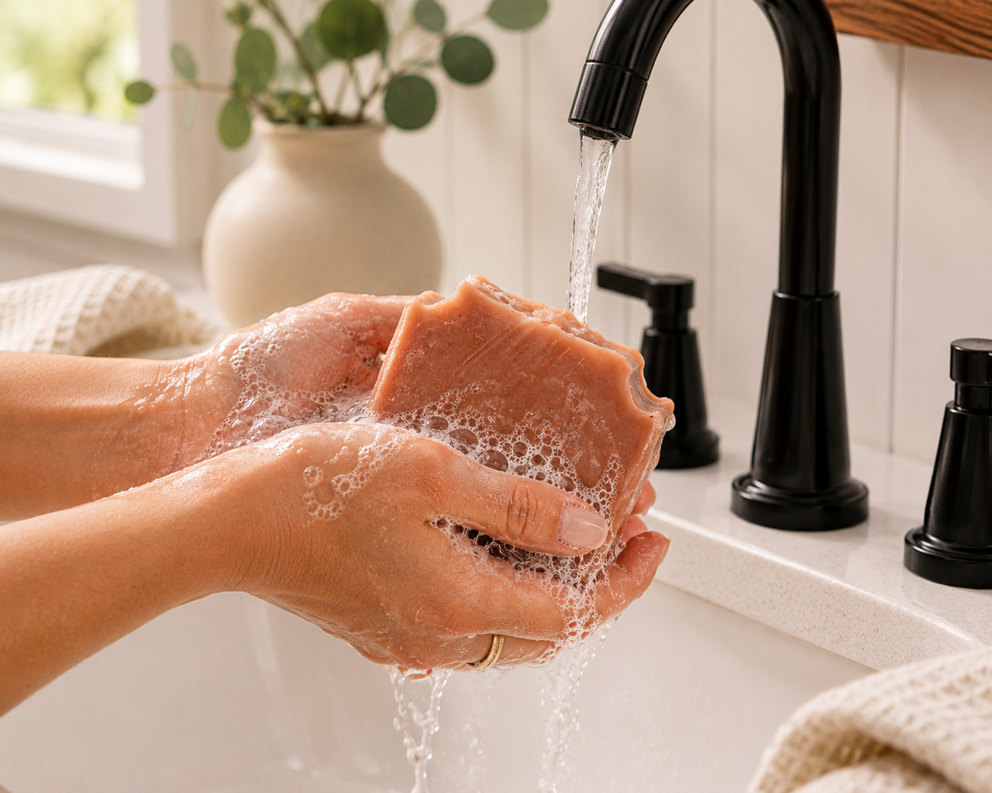 Hands washing with Larkspur Lane Rose Gold handcrafted soap creating a rich, creamy lather under running water.