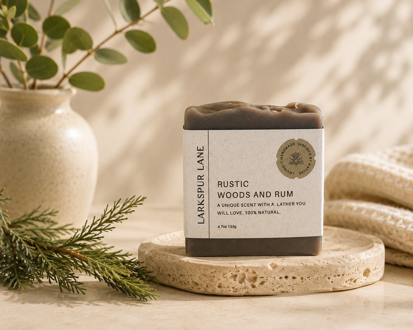 Larkspur Lane Rustic Woods & Rum handcrafted soap made in South Carolina.