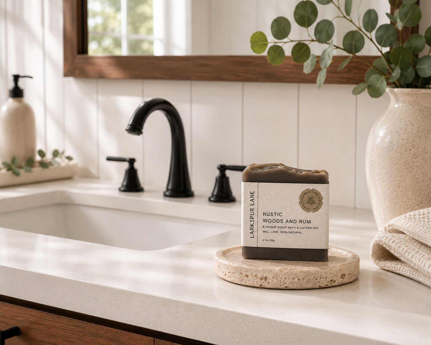 Larkspur Lane Rustic Woods & Rum handcrafted soap displayed on a stone soap dish in a bright modern farmhouse bathroom.