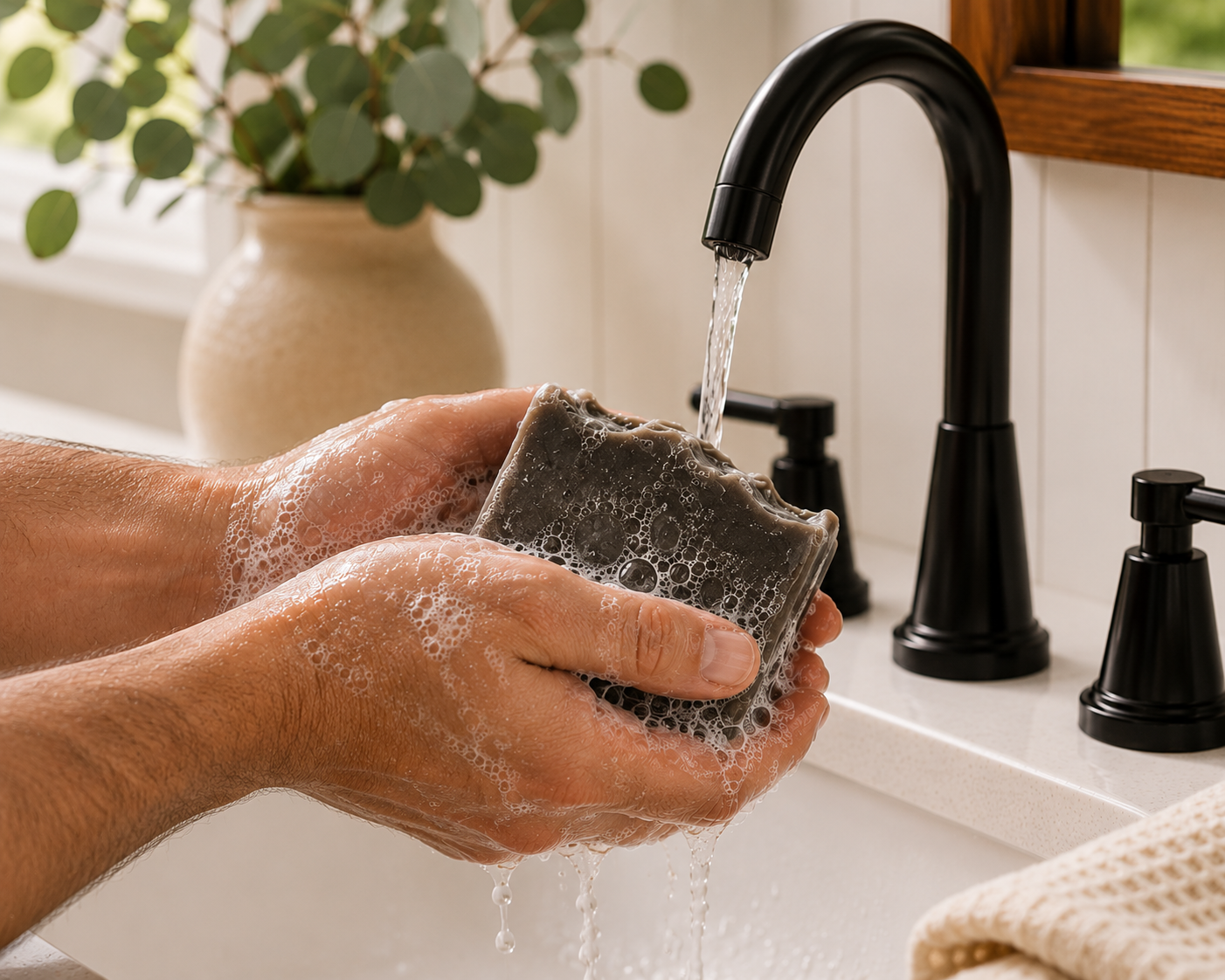 Hands washing with Larkspur Lane Rustic Woods & Rum handcrafted soap creating a rich, creamy lather under running water.