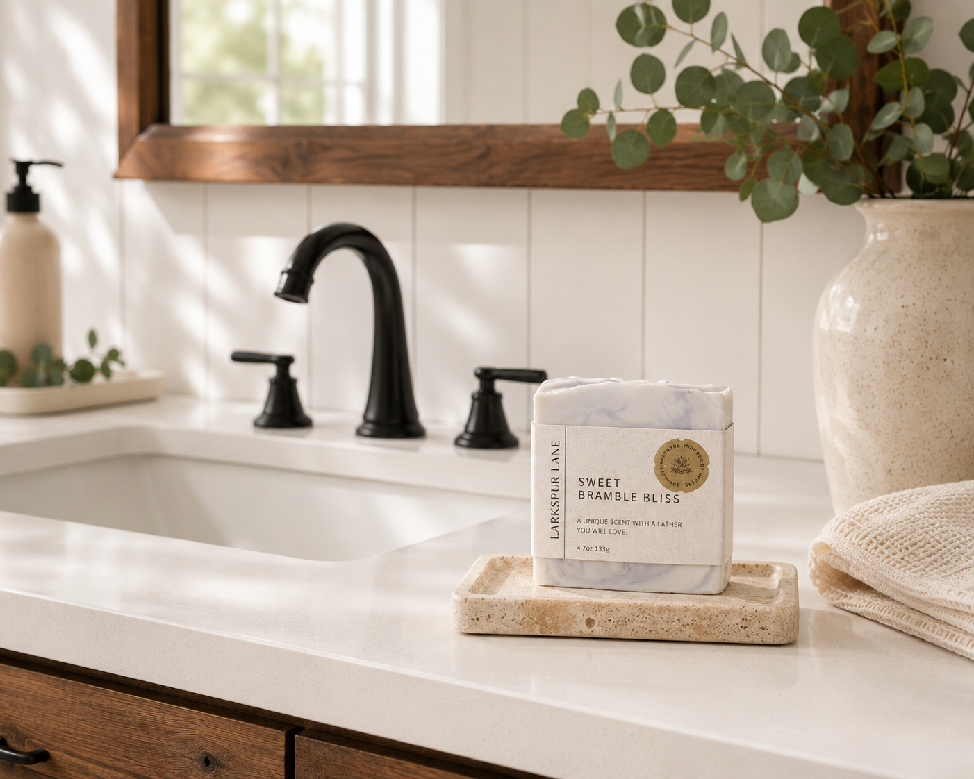 Larkspur Lane Sweet Bramble Bliss handcrafted soap displayed on a stone soap dish in a bright modern farmhouse bathroom.