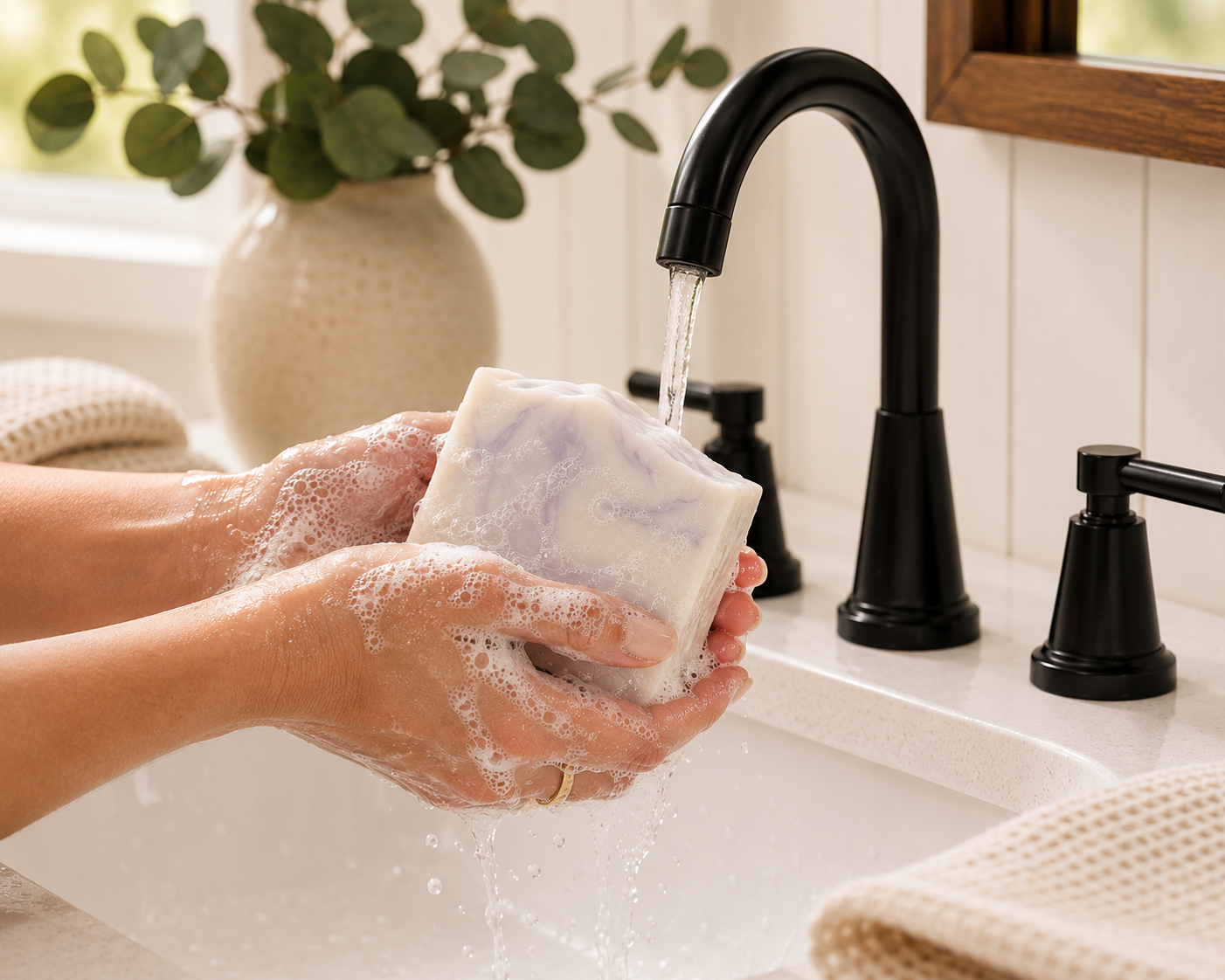Hands washing with Larkspur Lane Sweet Bramble Bliss handcrafted soap creating a rich, creamy lather under running water.