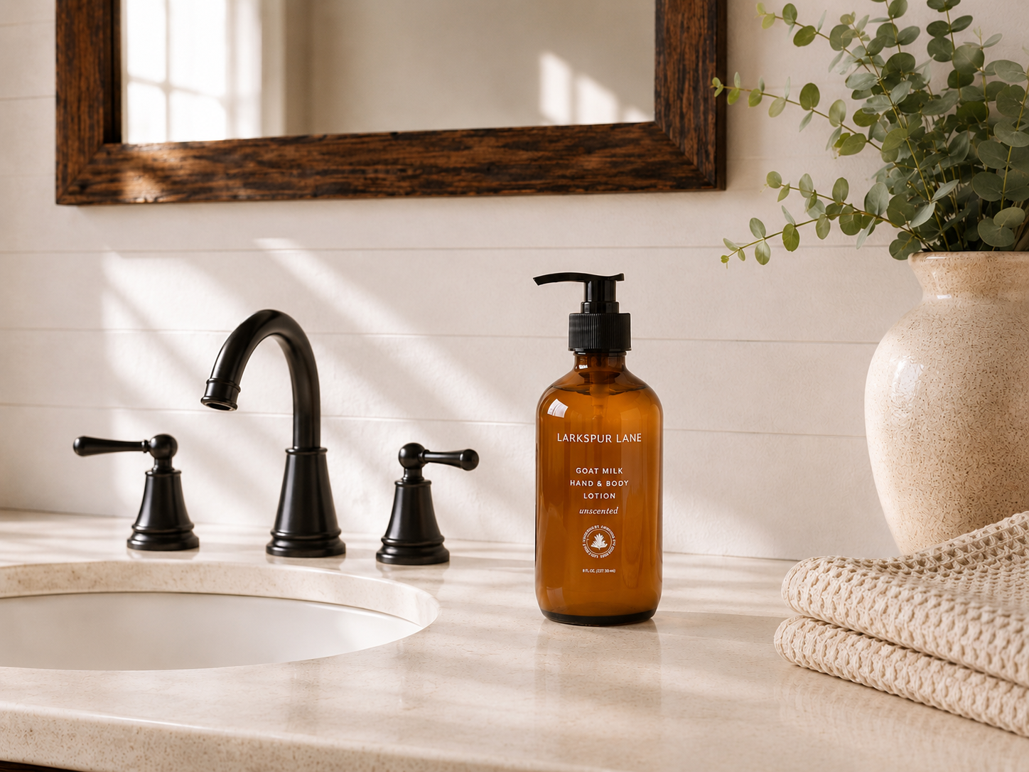 Unscented Goat Milk Hand & Body Lotion by Larkspur Lane in an amber glass pump bottle on a bright modern farmhouse bathroom vanity.