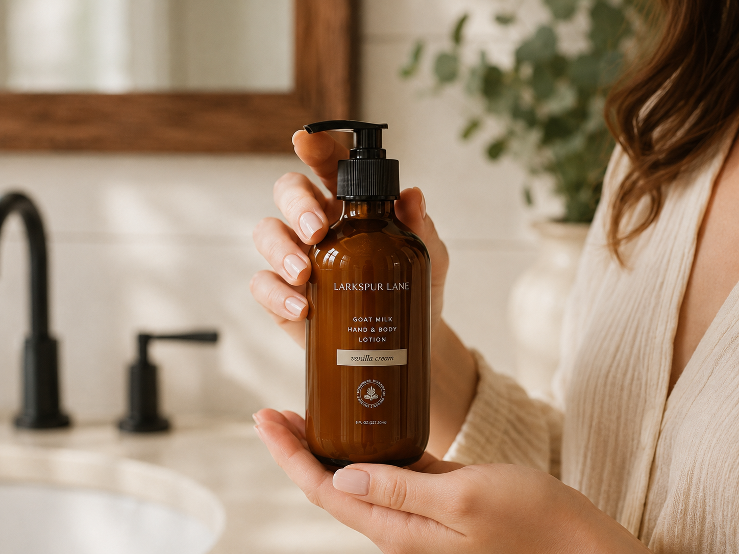 Woman holding Larkspur Lane Vanilla Cream Goat Milk Hand & Body Lotion in a bright modern farmhouse bathroom during her morning skincare routine.