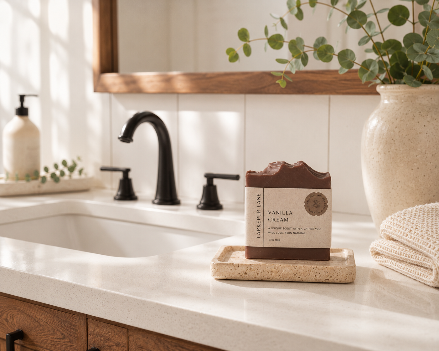 Larkspur Lane Vanilla Cream handcrafted soap displayed on a stone soap dish in a bright modern farmhouse bathroom.