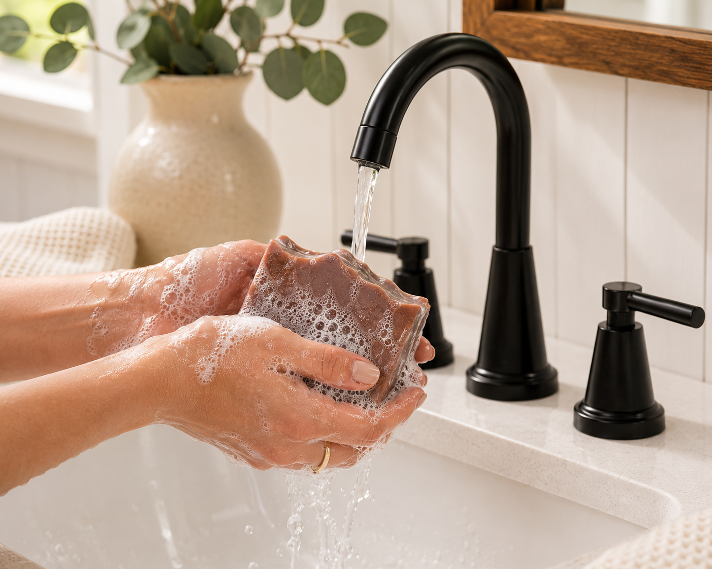 Hands washing with Larkspur Lane Vanilla Cream handcrafted soap creating a rich, creamy lather under running water.