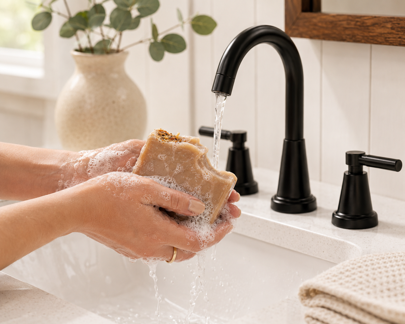Hands washing with Larkspur Lane Wild Flower & Honey Soap handcrafted soap creating a rich, creamy lather under running water.