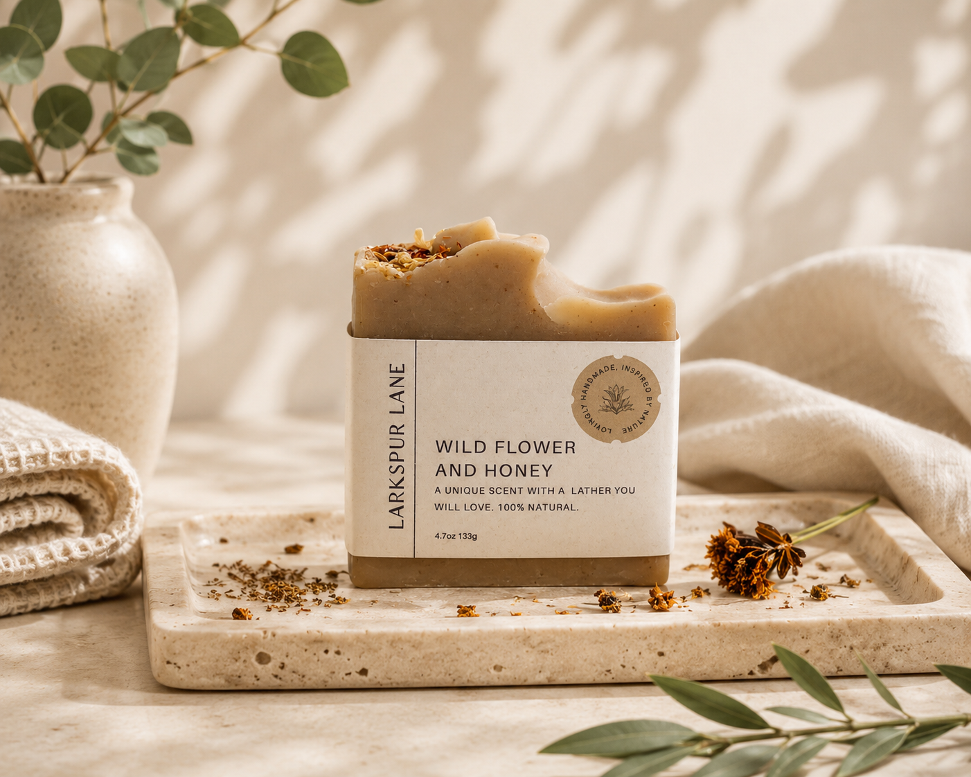 Larkspur Lane Wild Flower & Honey handcrafted soap made in South Carolina.